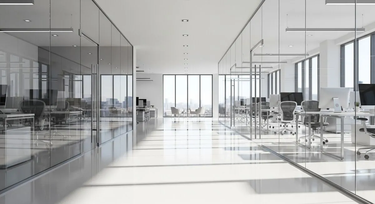Cleaning technician wiping down a glass office desk in a modern Ottawa corporate office.